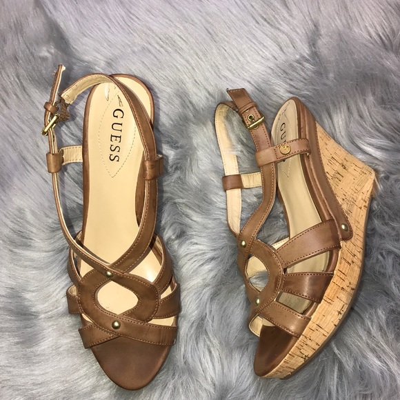 Guess Shoes - Guess Brown Gold Sandals with Cork Wedges Heels
